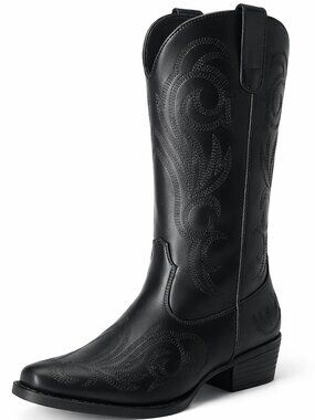 Women's Black faux leather Cowgirl Boots Square Toe Chunky Heel Stitched Boots